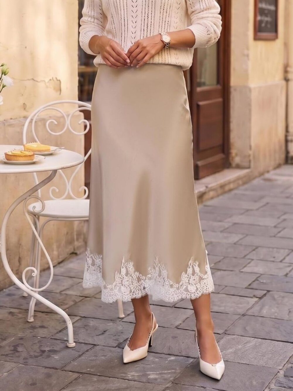 High Waisted Satin Midi Skirt with Lace Trim - Elegant Long Skirt for Women - Picture 4 of 6
